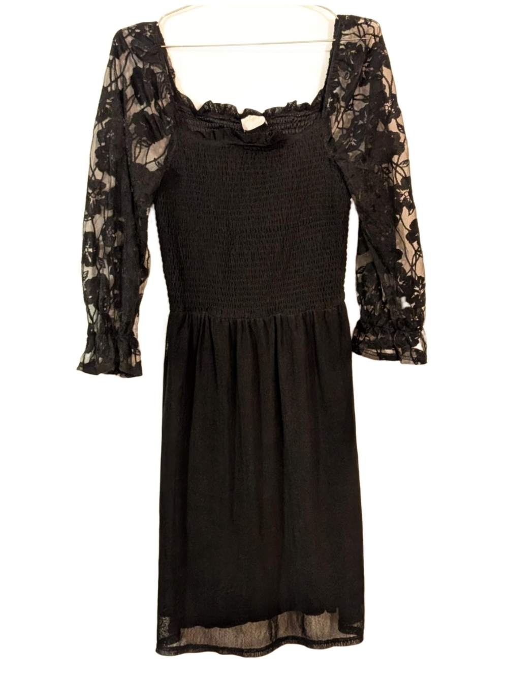 Siren Lily Black Lace-Sleeve Smocked Bodice Midi Dress